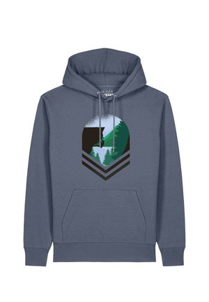 Blauer Kapuzenpullover mit Fronttasche und einer Grafik eines Felskletterers, der eine Klippe mit grünen Bäumen und Bergen im Hintergrund erklimmt.