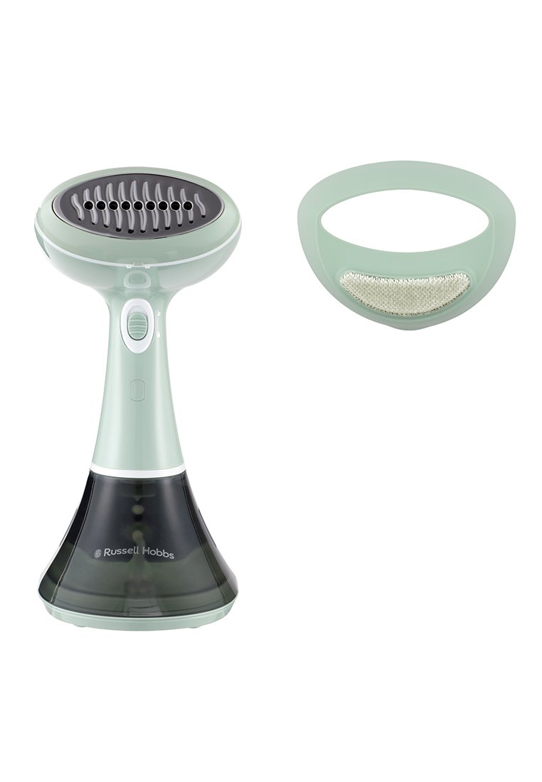 Vaporizador de tela de mano con accesorio de cepillo desmontable, de color verde claro y negro, marca Russell Hobbs, exhibido sobre fondo blanco.