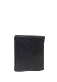 Zwarte leren portemonnee met een gestructureerd oppervlak, rechthoekige vorm en strakke randen. Compacter ontwerp zonder zichtbare hardware of accenten.