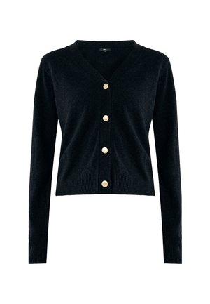 Zwarte V-hals cardigan met lange mouwen en vier gouden knopen aan de voorkant, geribbelde manchetten en onderrand.