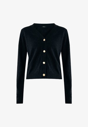 Zwarte V-hals cardigan met lange mouwen en vier gouden knopen aan de voorkant, geribbelde manchetten en onderrand.