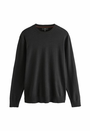Schwarzer Strickpullover mit Rundhalsausschnitt, langen Ärmeln und gerippten Bündchen und Saum. Glatte Textur; keine sichtbaren Muster oder Akzente.