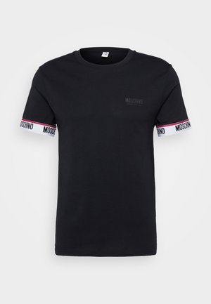 Black short-sleeve t-shirt made of cotton. Features contrasting ribbed white cuffs with red and black “MOSCHINO” text. Simple crew neck design.