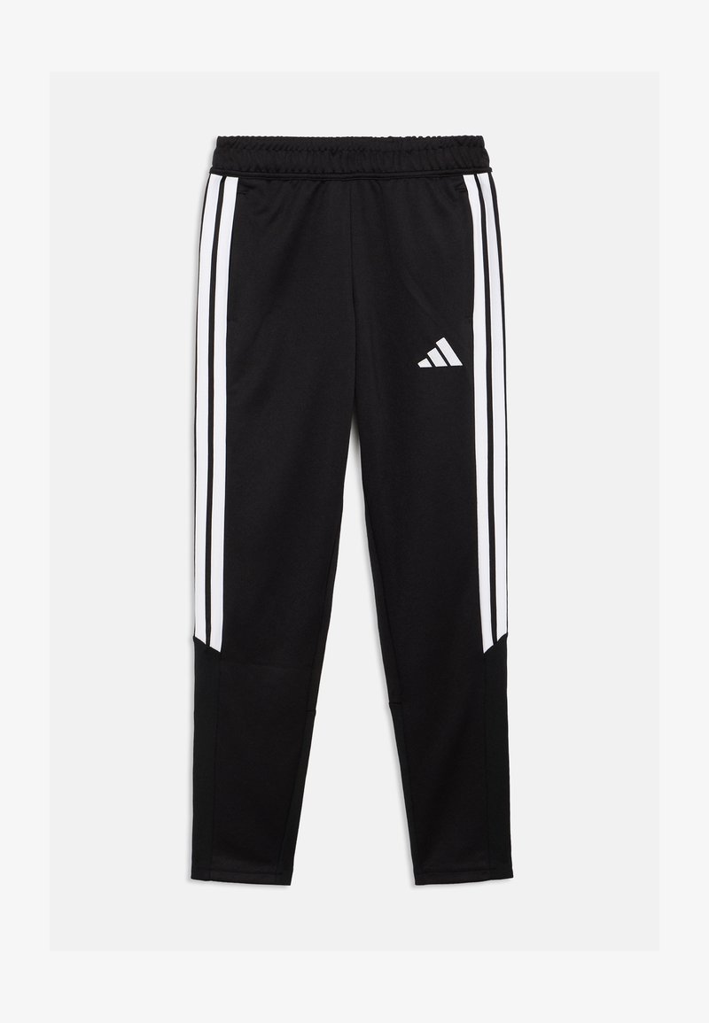 Μαύρο αθλητικό παντελόνι με λευκές λωρίδες πλάγια, ελαστική μέση, σφιχτή εφαρμογή και κεντημένο λογότυπο στο αριστερό μηρό.