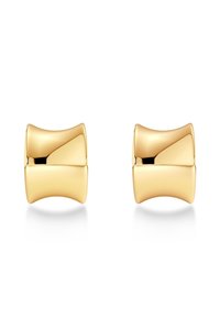 Guld-färgade örhängen med en slät, böjd design. De har en bred, rundad form och en glansig yta, vilket skapar en modern look.