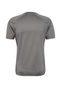 Grijs atletisch shirt met korte mouwen met mesh-structuur op de rug en gladde stof op de mouwen, gezien van achteren.
