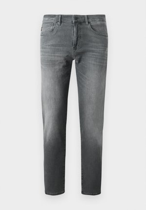 Grå denimjeans med lige pasform, featuring et klassisk fem-lomme design, subtile falmninger og en knaplukning i taljen.