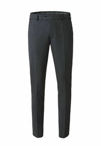 Pantalons taillés gris avec une texture lisse, dotés d'une fermeture à un bouton et de deux poches latérales. Design à jambes droites avec des plis.
