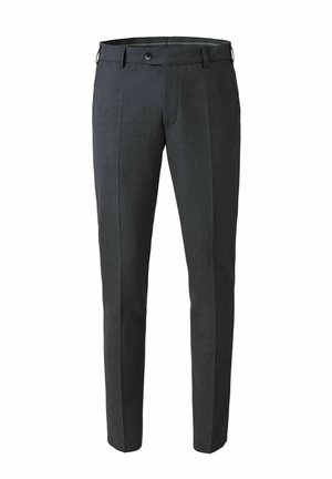 Gray tailored trousers with a smooth texture, featuring a single button closure and two side pockets. Straight-leg design with pleats.