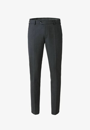 Gray tailored trousers with a smooth texture, featuring a single button closure and two side pockets. Straight-leg design with pleats.