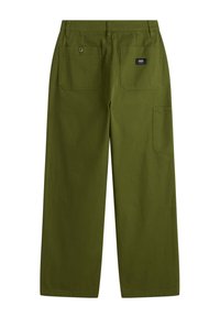 Olivgröna vida byxor i slitstarkt material, med två bakfickor, en sidficka och en liten logotyp.