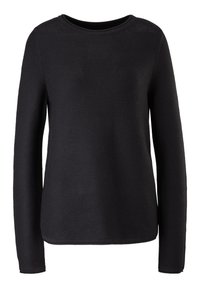 Pull noir à manches longues avec un col rond. Matière tricotée texturée, coupe droite et poignets côtelés. Pas de motifs ni d'accents visibles.