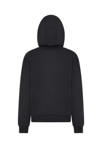 Svart hoodie med en mjuk textur, en stor huva samt ribbade ärmslut och nederkant. Designen är enkel utan synliga logotyper eller mönster.