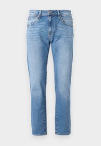 Light blue denim jeans with a straight-leg cut, classic five-pocket design, subtle fading, and a contrasting button closure at the waistband.