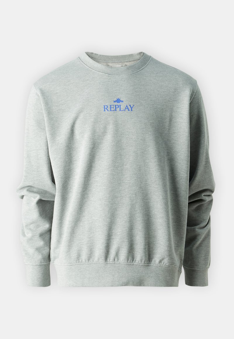 Sudadera gris hecha de una tela suave, con cuello redondo, mangas largas y el logotipo de texto azul "REPLAY" en el pecho.
