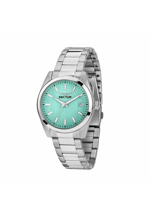 Orologio da polso da uomo in acciaio inossidabile con quadrante analogico turchese, indicatori delle ore argentati, finestra del datario alle 3 e bracciale a maglie metalliche.