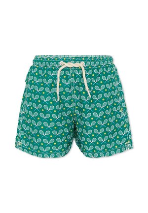 Pantaloncini da bagno verdi con motivo di racchetta da tennis bianca e palla da tennis gialla, con coulisse bianca in vita.