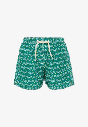 Groene zwembroek met patroon van witte tennisrackets en gele tennisballen, voorzien van een witte tailleband met trekkoord.