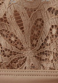 Bralette de encaje en rosa beige que presenta patrones florales intrincados y una banda lisa y sólida. La textura delicada resalta el detalle del encaje.