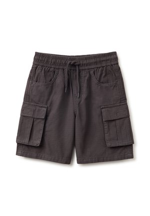 Donkergrijze cargoshorts met elastische tailleband, trekkoord, twee zijzakken en grote klepzakken op elke pijp.