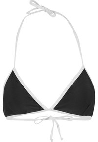 Haut de bikini triangle noir avec bord blanc, liens ajustables au cou et dans le dos, texture de tissu lisse, design minimaliste.