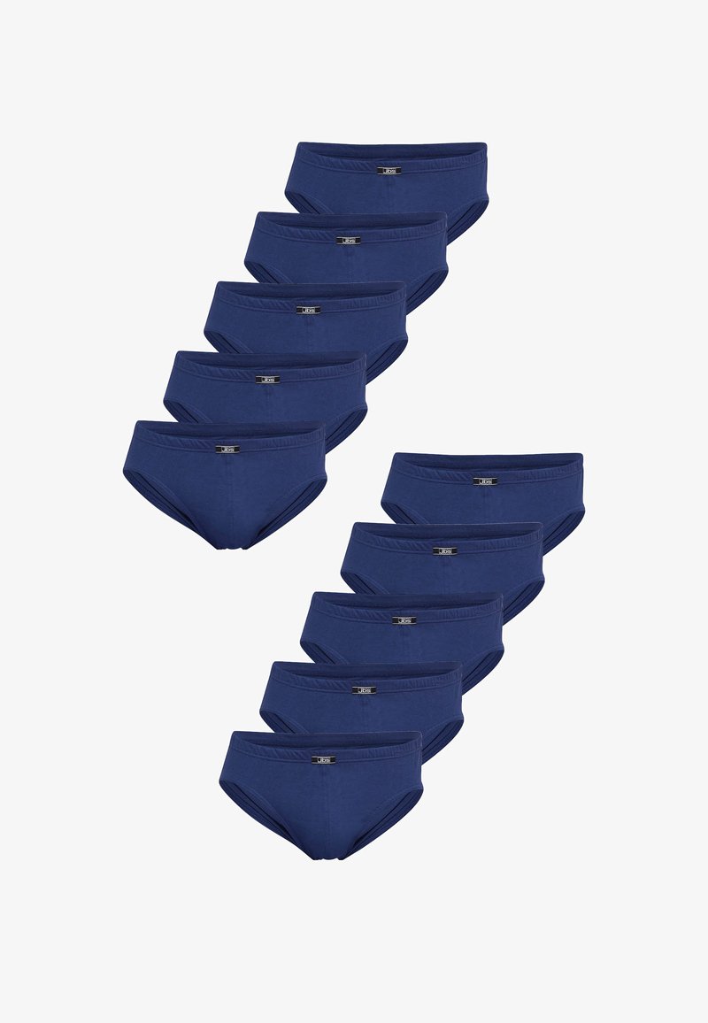 Marineblå bomuldsundertøj med et enkelt design, elastisk talje og et lille logo på forsiden. Pakke med ti identiske varer.