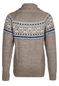 Maglione lavorato a maglia con colletto alto, caratterizzato da un motivo geometrico nei toni crema, navy e marrone attorno alle spalle. Tessuto caldo e strutturato.