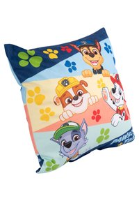 Copripiumino quadrato con cani cartoni su uno sfondo colorato e disegnato in blu, giallo e rosa. Tessuto morbido con dettagli a impronta di zampe.