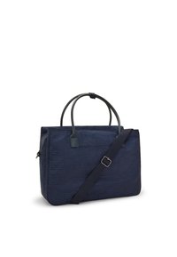 Navy textured tote bag with dual handles and an adjustable strap, featuring smooth dark green accents and a zipper closure.