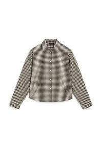 Czarna i biała koszula w kratkę gingham z długim rękawem, z kołnierzykiem, z przodu zapinana na guziki i z krótkim dołem. Teksturowana tkanina o gładkim wykończeniu.