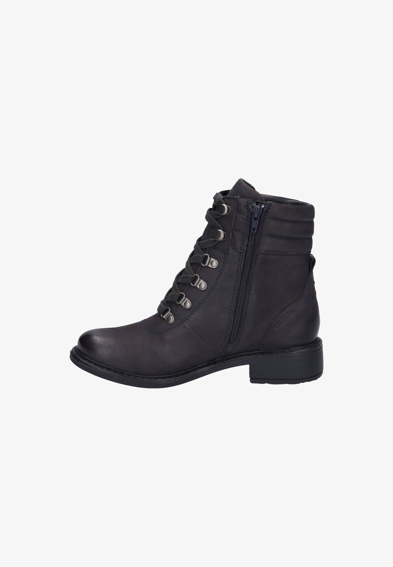 Bottines en cuir bleu marine foncé, dotées d'un laçage à l'avant, d'une fermeture éclair sur le côté et d'un talon bas avec de subtils accents de couture.