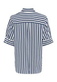 Camicetta a maniche corte con righe verticali blu navy e bianche, un cucitura sul retro e bottoni sulle maniche arrotolate per una vestibilità regolabile.