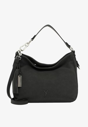 Czarna torba hobo wykonana z teksturowanego materiału, charakteryzuje się górnym zapięciem na zamek, regulowanym paskiem na ramię oraz srebrnymi dodatkami.