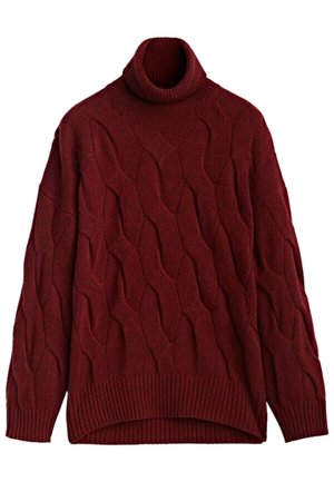 Pull à col roulé en maille torsadée bordeaux avec manches longues et poignets et ourlet côtelés.
