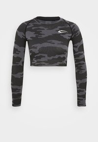 Zwart en grijs camouflage lange mouwen crop top met een aansluitend ontwerp en ronde halslijn, voorzien van textuurstof en een logoaccent.