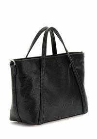Borsa in pelle nera con superficie texturizzata, forma strutturata, doppio manico e accessori metallici. Nessun logo o motivo visibile.