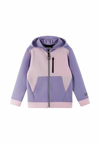 Felpa con zip di colore viola e rosa chiaro, dotata di cappuccio, presenta due tasche frontali, una tasca sul petto e pannelli di colore contrastante.