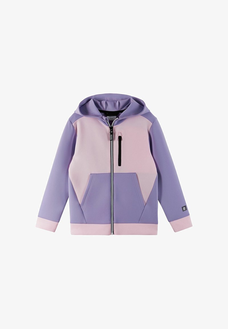 Fioletowa i jasnoróżowa bluza z kapturem na zamek, posiadająca dwie przednie kieszenie, kieszeń na klatce piersiowej i kontrastowe panele kolorystyczne.