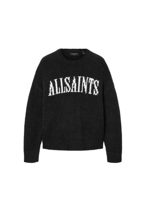 Czarny sweter z dzianiny o okrągłym dekolcie i długich rękawach, z napisem "ALLSAINTS" dużymi białymi literami na przodzie. Żebrowane mankiety.