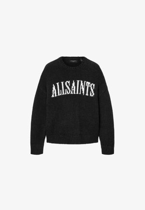 Suéter negro de punto con cuello redondo y mangas largas, que presenta "ALLSAINTS" en letras blancas en negrita en la parte frontal. Puños acanalados.