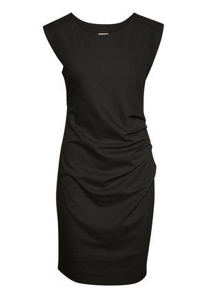 Black sleeveless dress made of soft fabric. Features a round neckline, gathered side detailing, and a form-fitting silhouette.