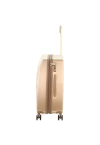 Hard-shell suitcase in a beige color with a textured finish, dual spinner wheels, a retractable handle, and a combination lock.