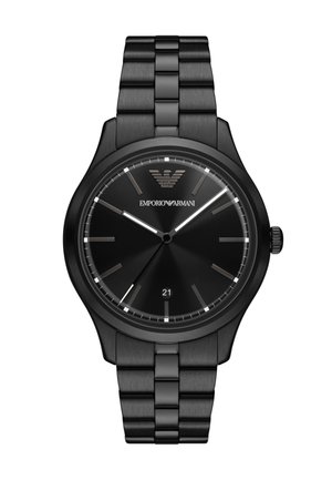 Czarny zegarek na rękę Emporio Armani z trzema wskazówkami, datownikiem o godzinie 6 oraz bransoletą z łączonych metalowych ogniw.