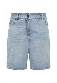 Pantalones cortos de mezclilla azul claro con un corte clásico, que cuentan con un cierre de botón, pasadores para cinturón y un ligero desvanecimiento para dar textura. Incluye dos bolsillos frontales.