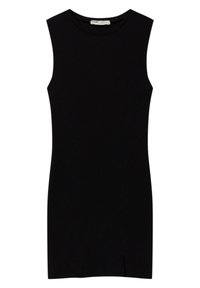 Robe sans manches noire en tissu lisse, présentant un design ajusté, un col rond et une fente sur le côté pour le détail.