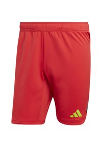 Rote Sportshorts aus leichtem Material, mit elastischem Bund, seitlichen Einsätzen und grünen Akzenten am Saum.