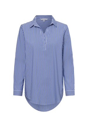 Blauw-wit gestreepte blouse met lange mouwen, kraag, knopen halverwege en een ronde zoom. Gemaakt van een soepele, lichte stof.