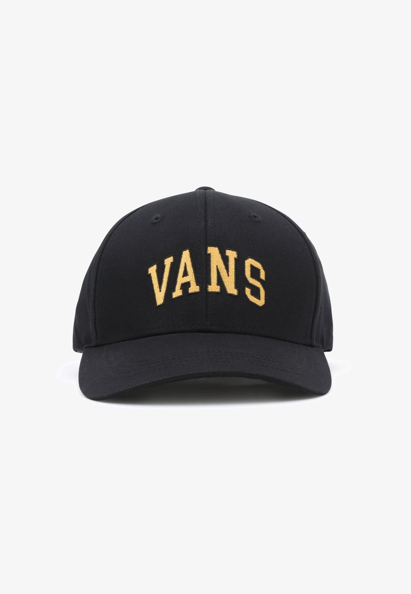 Casquette de baseball noire avec une visière courbée et un texte brodé jaune "VANS" au centre avant.