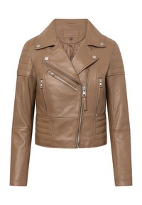Taupe cropped Leder-Bikerjacke mit asymmetrischem Frontreißverschluss, gesteppte Schulter- und Taillendetails und Reißverschlusstaschen.