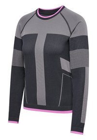Długi rękaw sportowej bluzki w ciemnoszarym i jasnoszarym kolorze. Z różowym wykończeniem, teksturowanymi wzorami i ergonomicznym układem szwów dla komfortu.